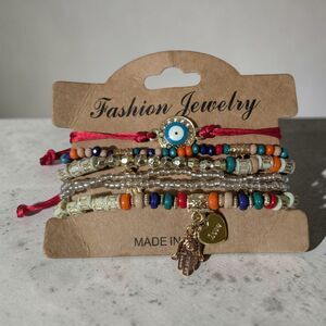 Boho Layered Bracelet Set Evil Eye Hamsa Hand Multicolor Beaded Adjustable